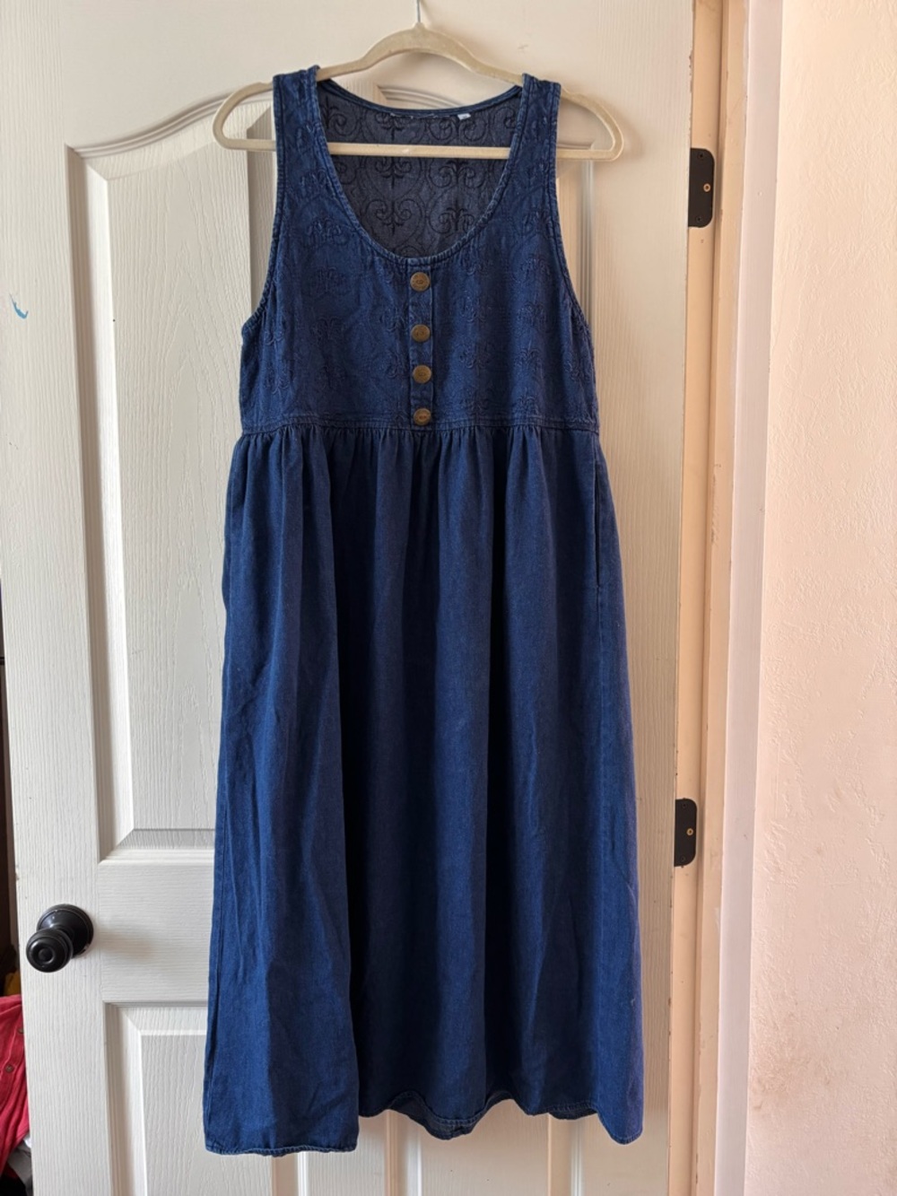 Blue denim Embroidered Button-Front Sleeveless Dress